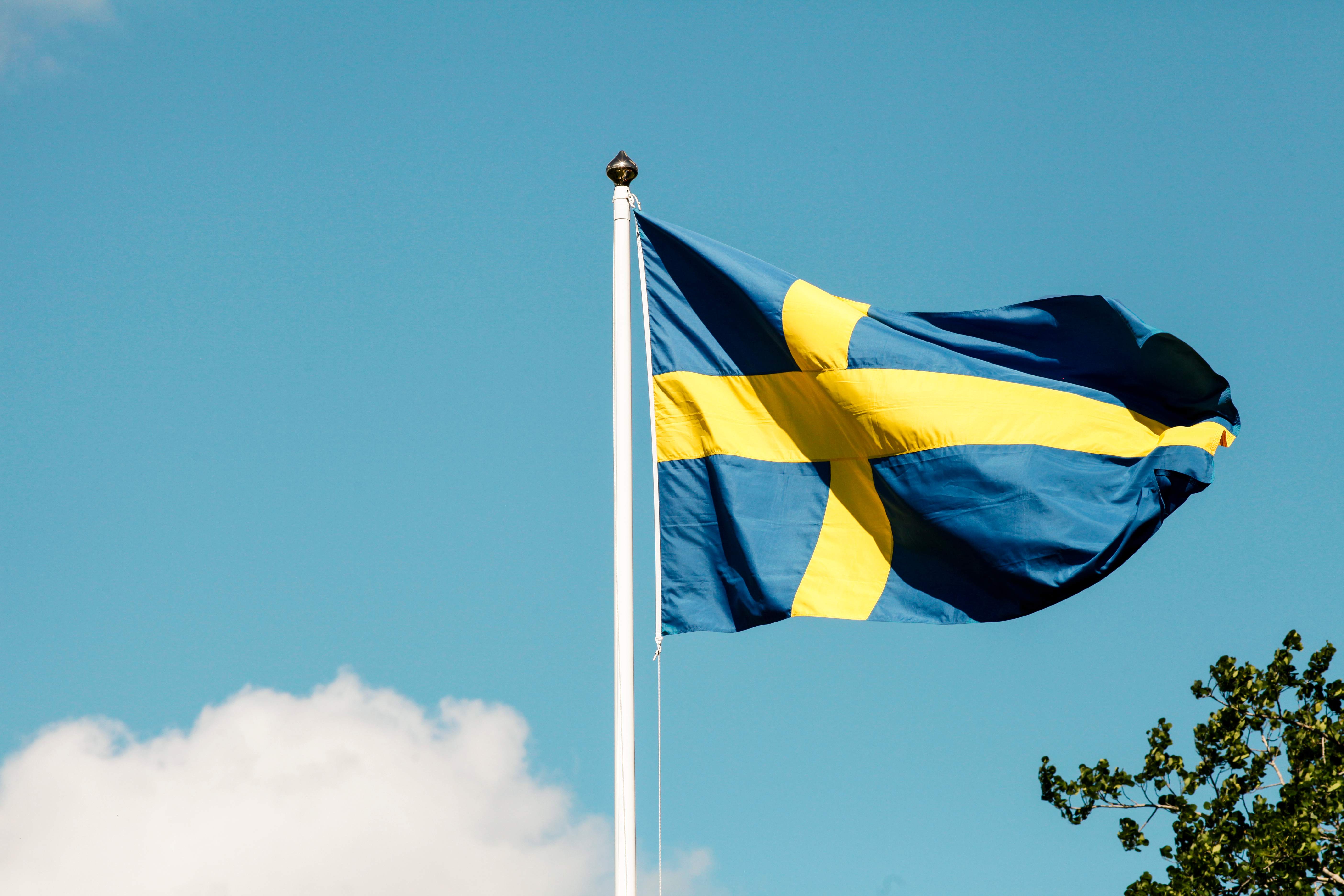Et svensk flag vajer mod en blå himmel med hvide skyer. (AI-genereret tekst)