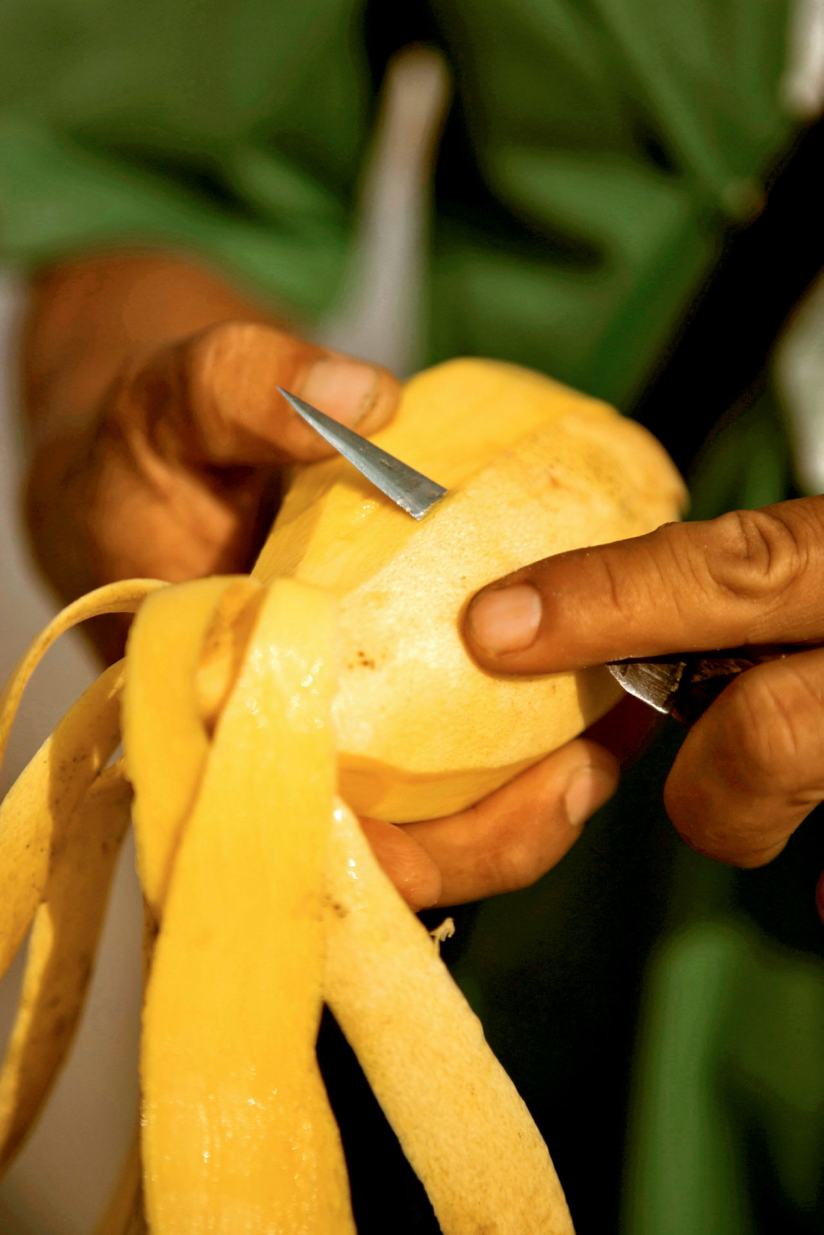 En hånd skræller en mango med en lille kniv. (AI-genereret tekst)