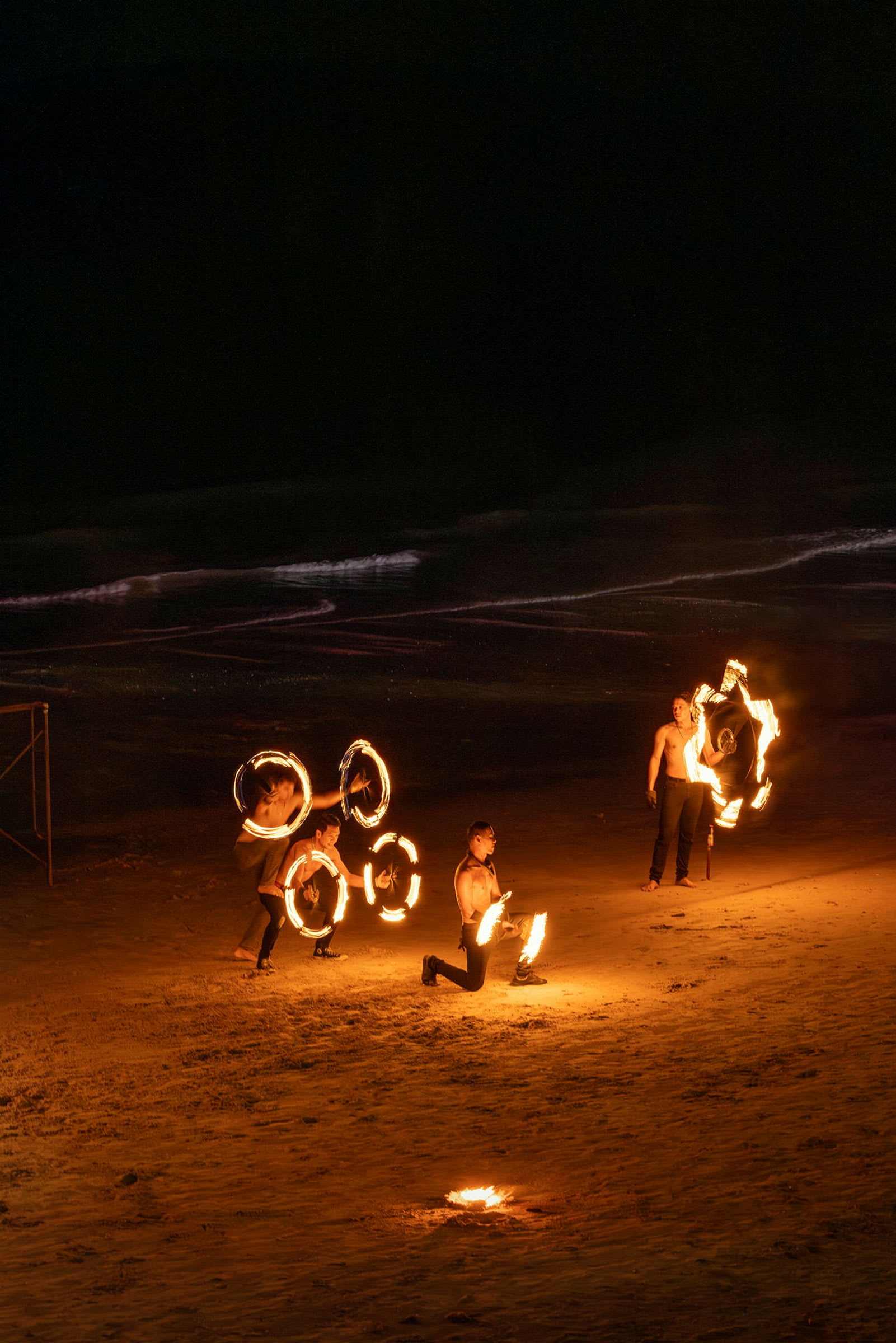 Personer udfører et ildshow på en sandstrand om natten. (AI-genereret tekst)