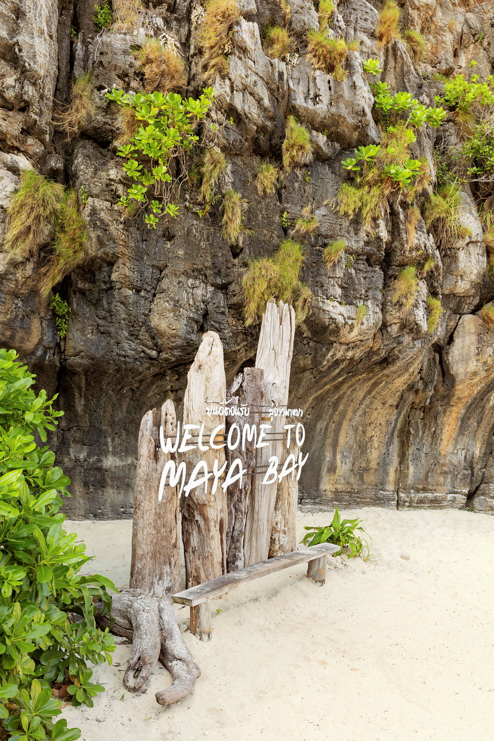 Skilt med teksten 'Welcome to Maya Bay' foran en klippevæg og en sandstrand. (AI-genereret tekst)