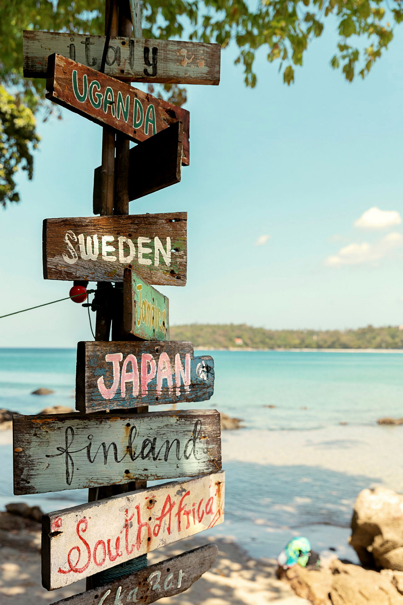 Et træskilt med navne på forskellige lande, med en strand og hav i baggrunden. (AI-genereret tekst)