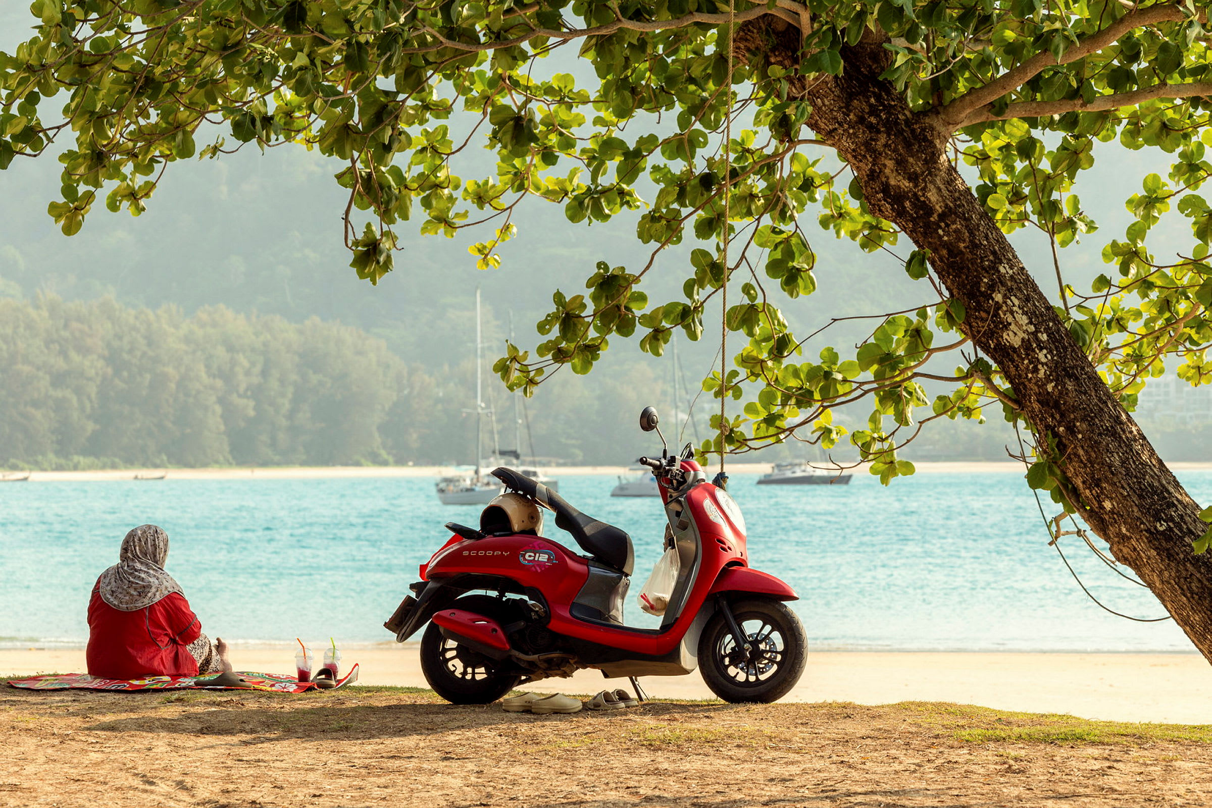 En person sidder på et tæppe ved en strand, ved siden af et rødt motorkøretøj og et træ. I baggrunden ses havet med sejlbåde. (AI-genereret tekst)