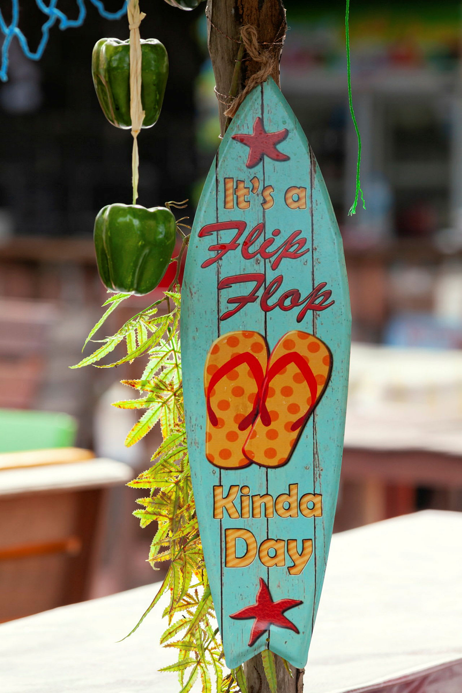 Et blåt skilt med teksten 'It's a flip-flop kinda day', et billede af sandaler og dekoreret med stjerner hænger ved siden af grøn peber og grønne blade. (AI-genereret tekst)