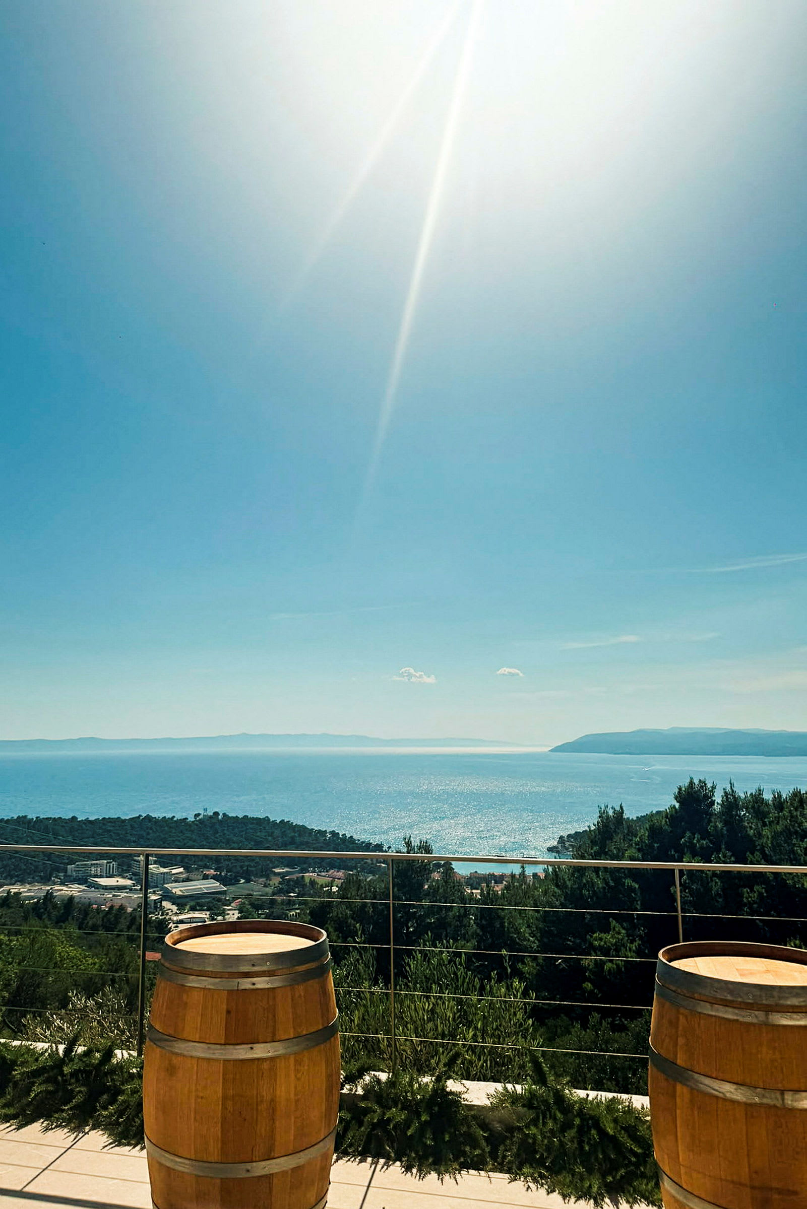 To trætønder står på en terrasse med udsigt over et glitrende hav og frodigt landskab under en klar himmel. (AI-genereret tekst)