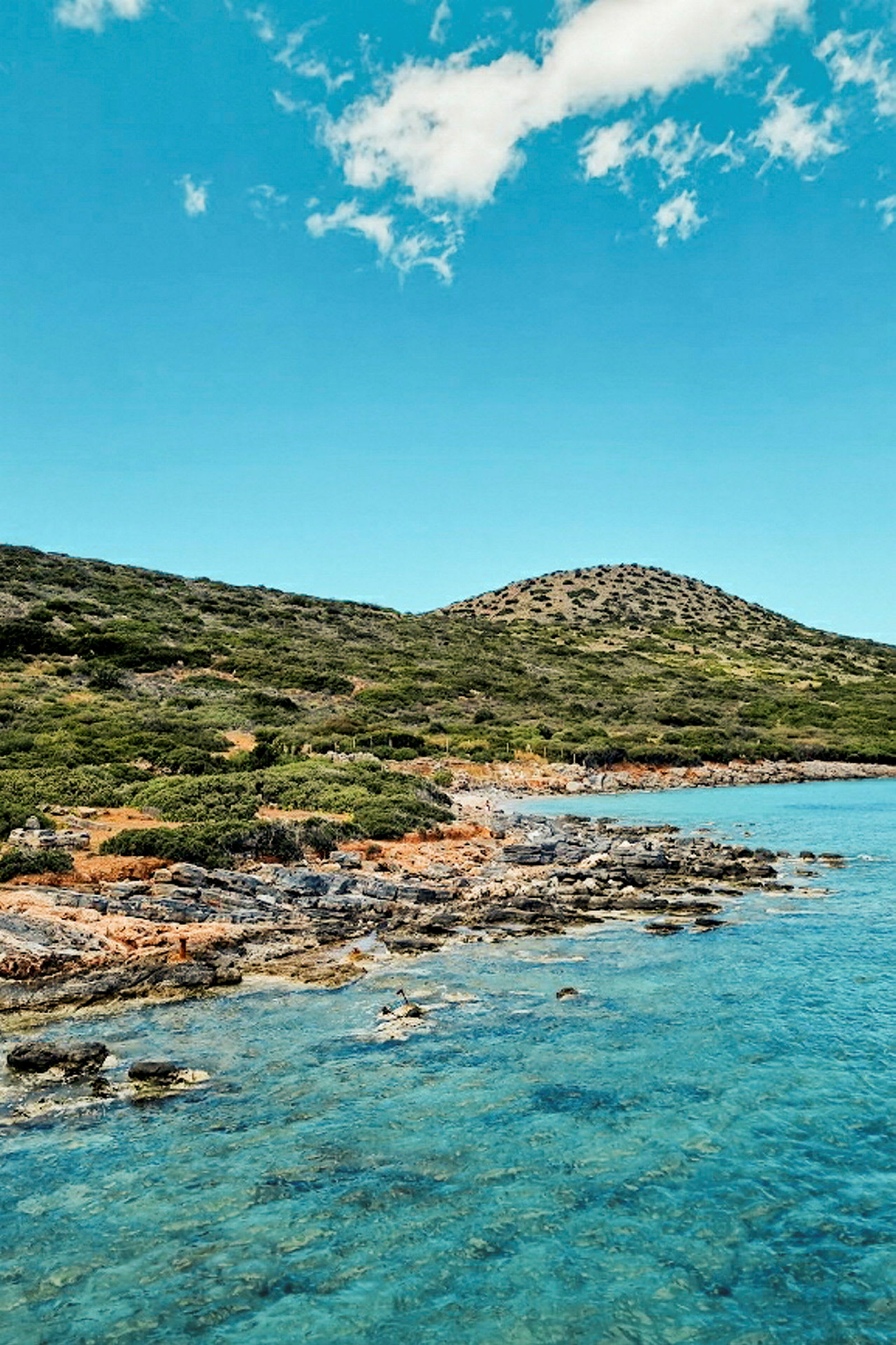 Kystlinje med klipper og buskevegetation samt klart turkis havvand under en blå himmel. (AI-genereret tekst)