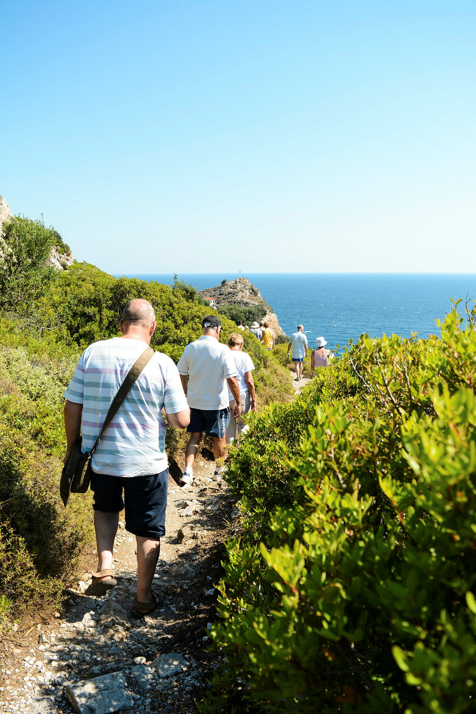 En gruppe personer går langs en smal sti omgivet af grøn vegetation, med havet synligt i baggrunden. (AI-genereret tekst)