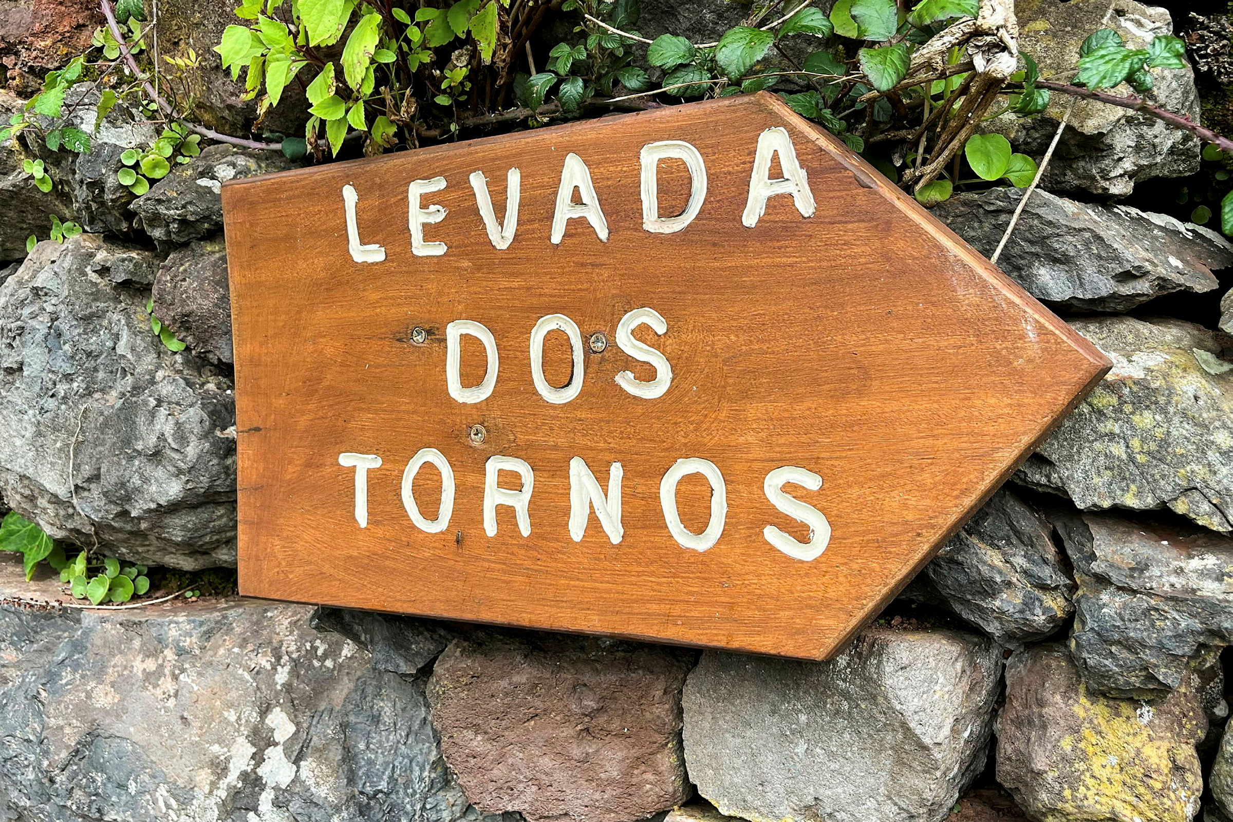 Et træskilt med teksten 'Levada dos Tornos' placeret mod en baggrund af sten og planter. (AI-genereret tekst)