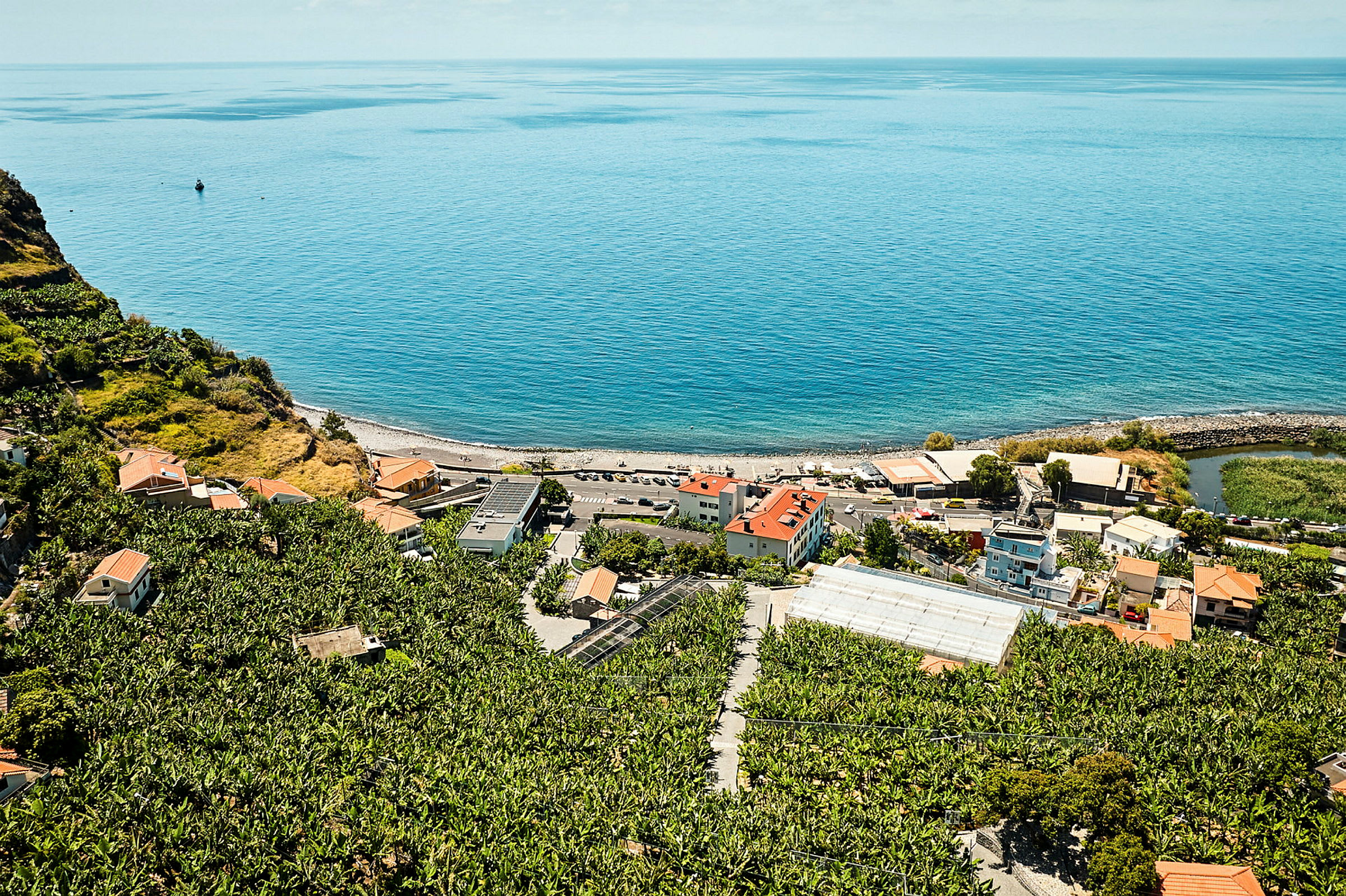 Udsigt over en kyststrækning med bygninger og vegetation ved havet. (AI-genereret tekst)