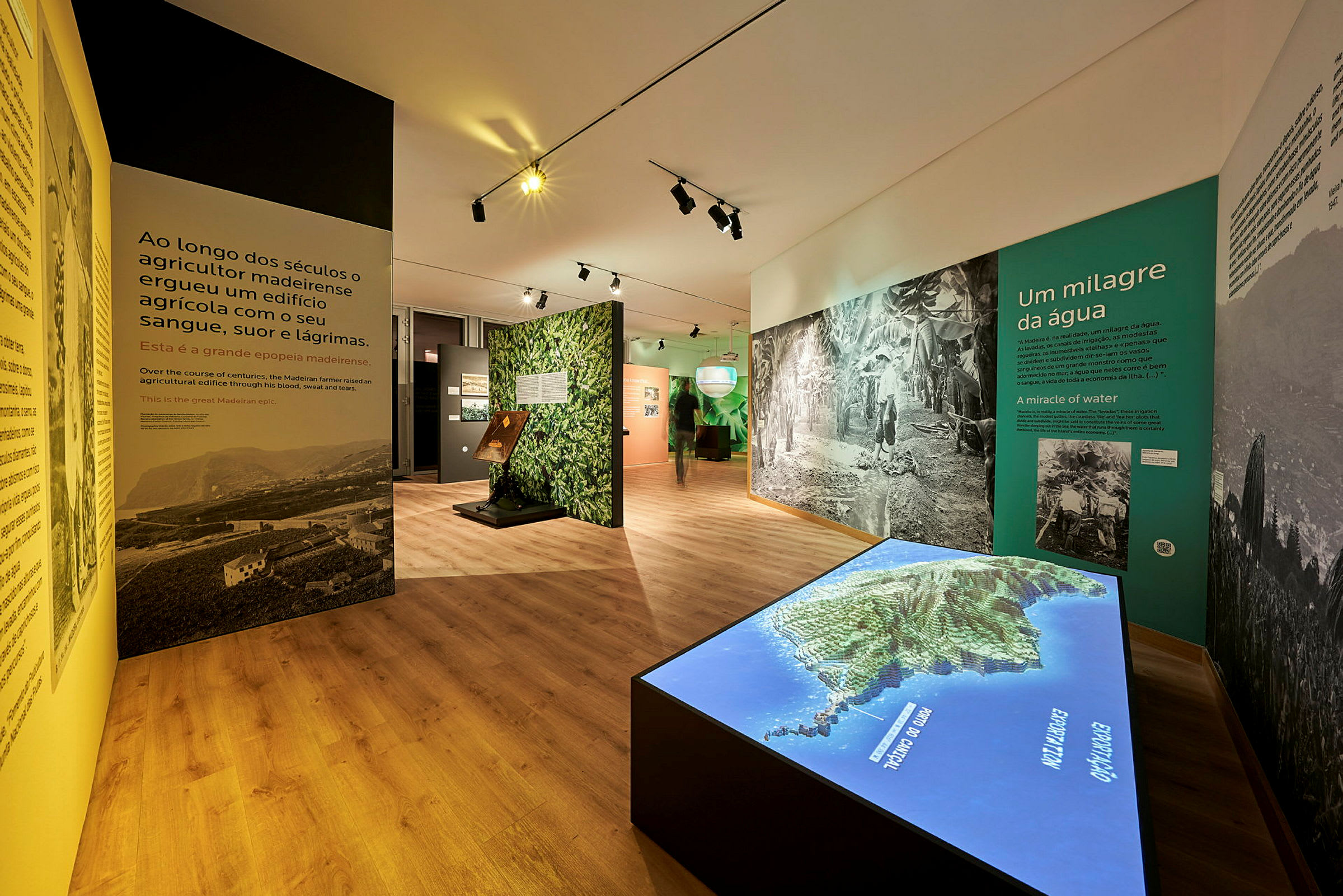 Et museum med interaktive udstillinger og informationsvægge om Madeiras landbrug. (AI-genereret tekst)