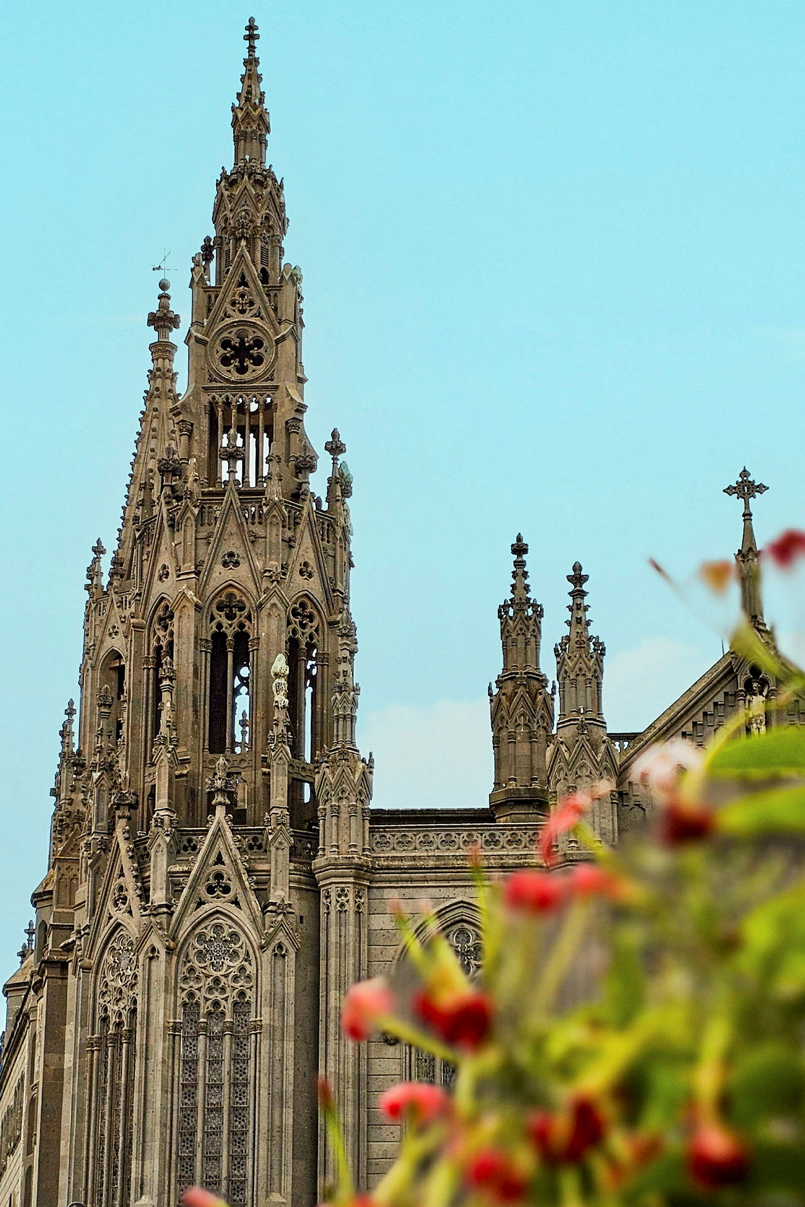 Nærbillede af en gotisk katedral med en detaljeret spir, i forgrunden ses udviskede blomster. (AI-genereret tekst)