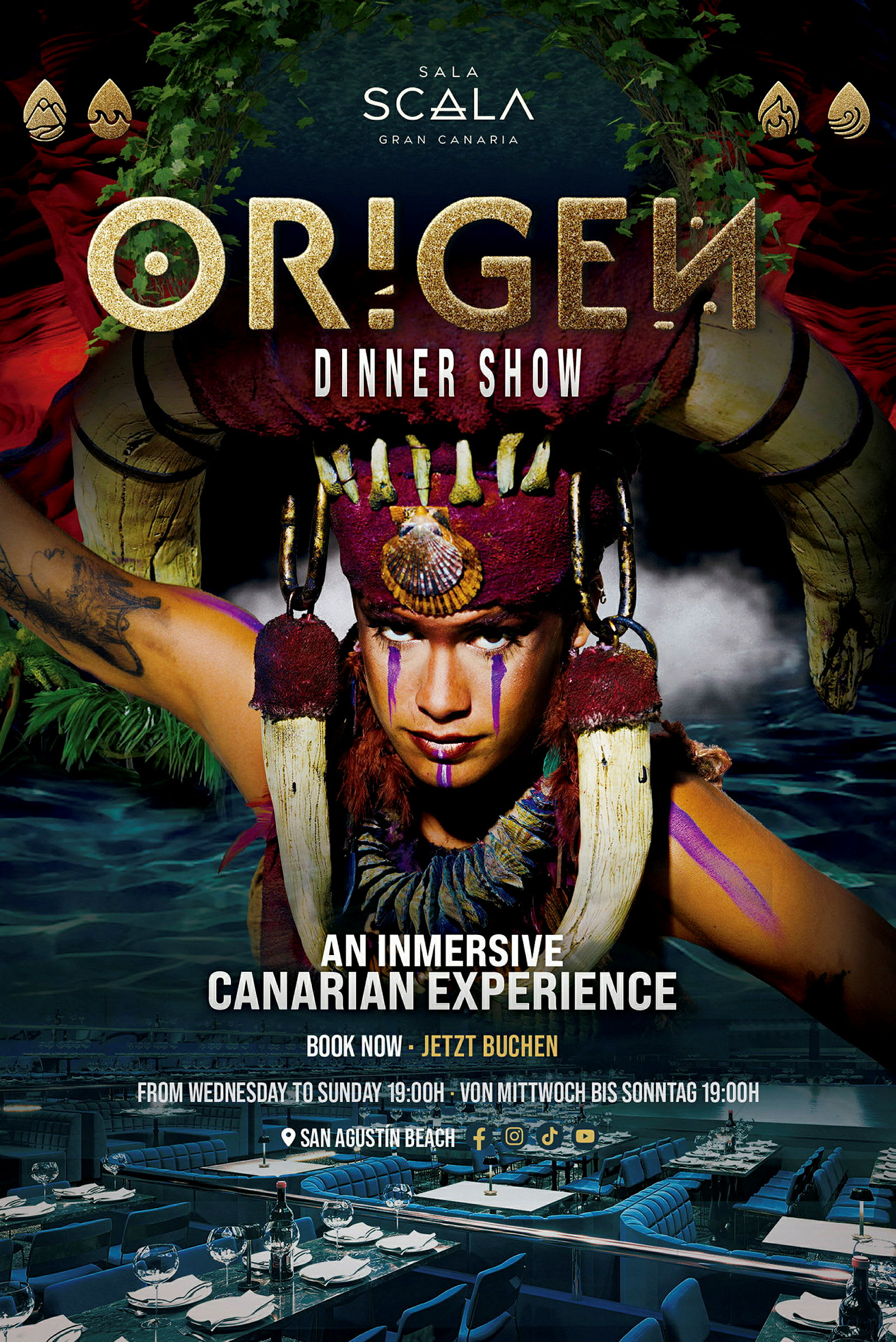Plakat for middagsforestillingen "Origen" med dekoration og tekstinformation. (AI-genereret tekst)