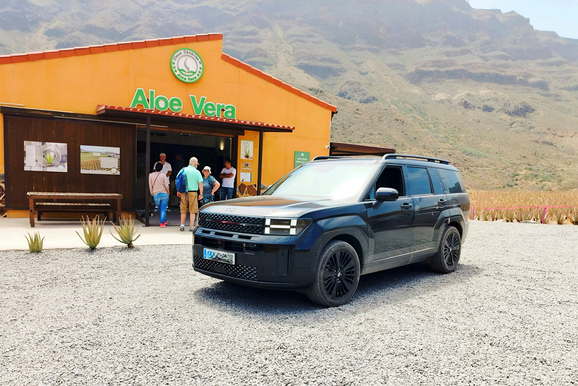 En sort SUV er parkeret foran en bygning med skiltet 'Aloe Vera'. (AI-genereret tekst)