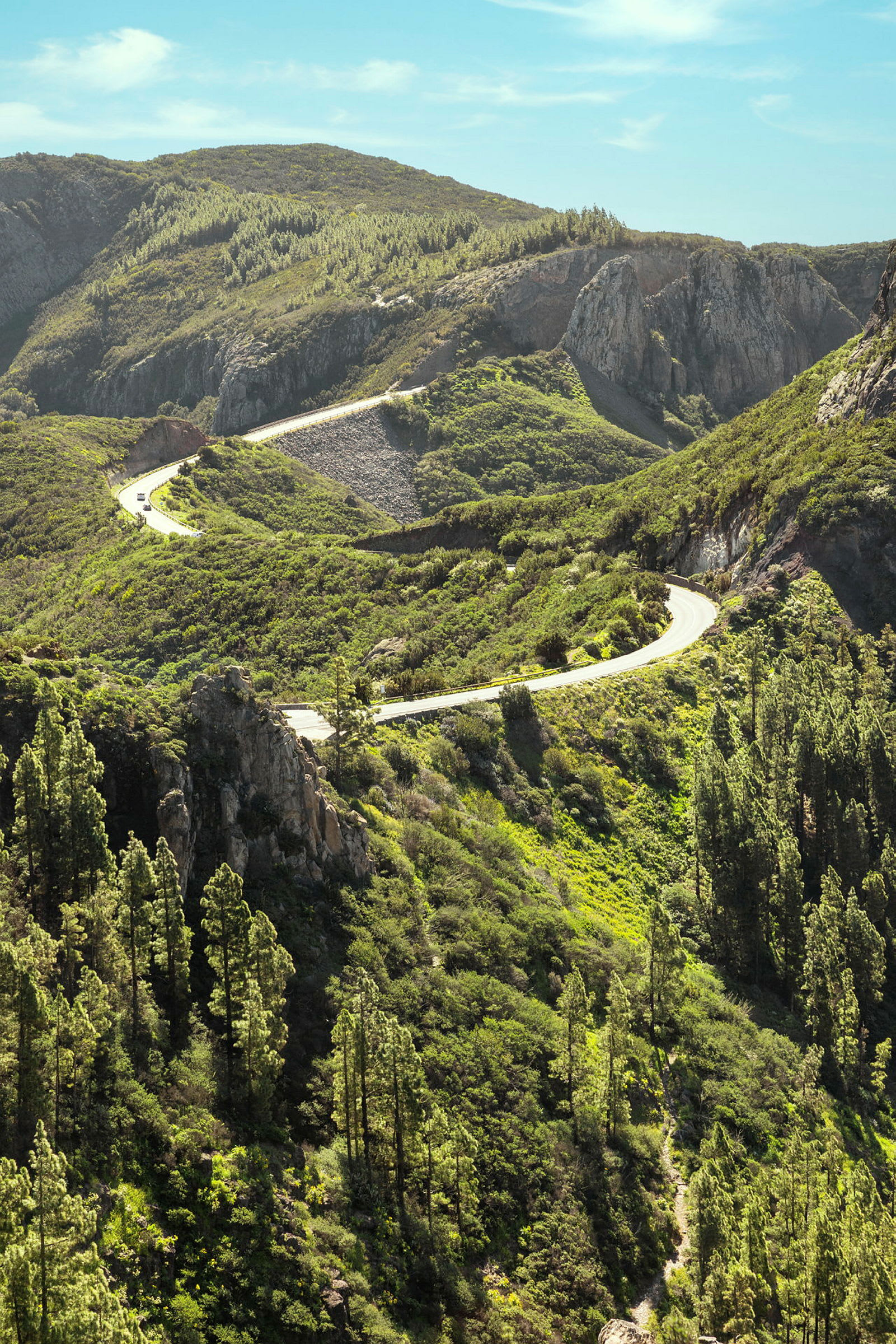 En snoet vej gennem et bjergrigt landskab med grøn vegetation. (AI-genereret tekst)