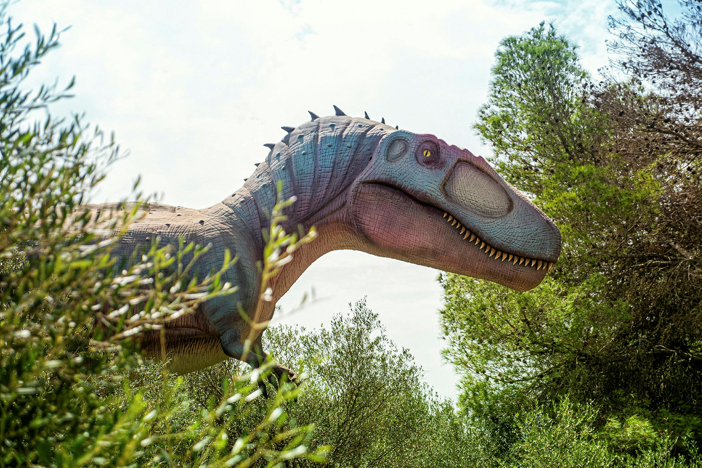 En replika af en dinosaur kan ses delvist blandt vegetation og træer. (AI-genereret tekst)