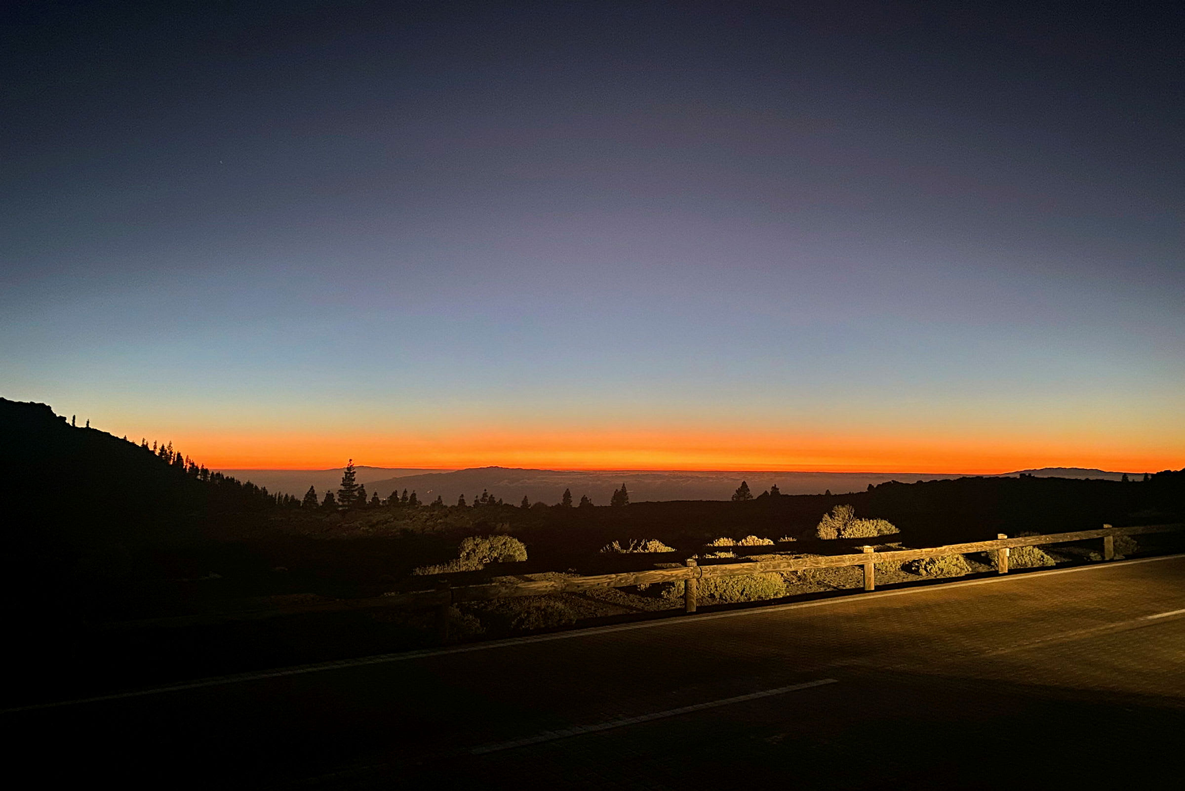 En solnedgang over et landskab med vegetation og en vej i forgrunden. (AI-genereret tekst)