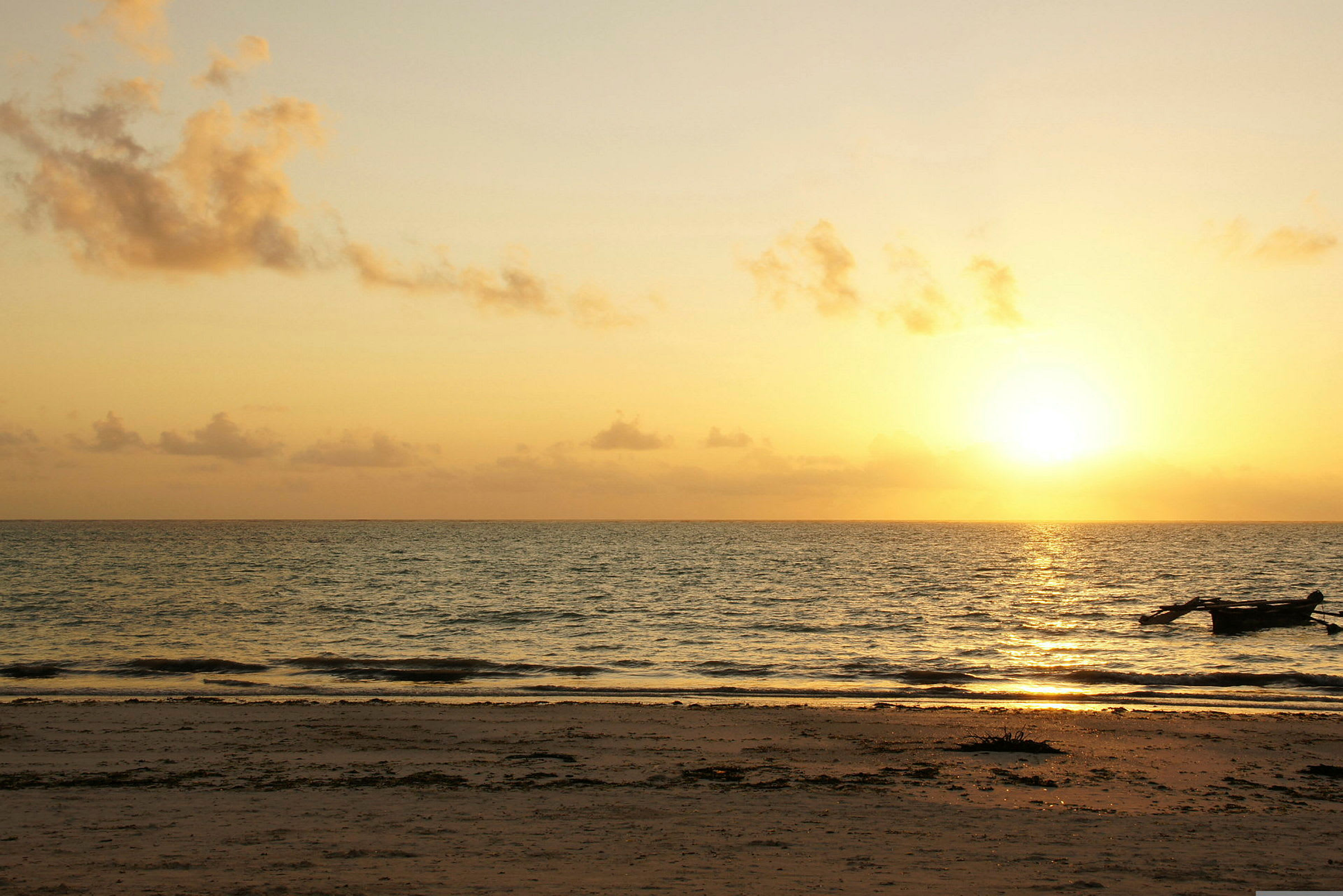 En strand med bølger og en solnedgang i baggrunden. (AI-genereret tekst)
